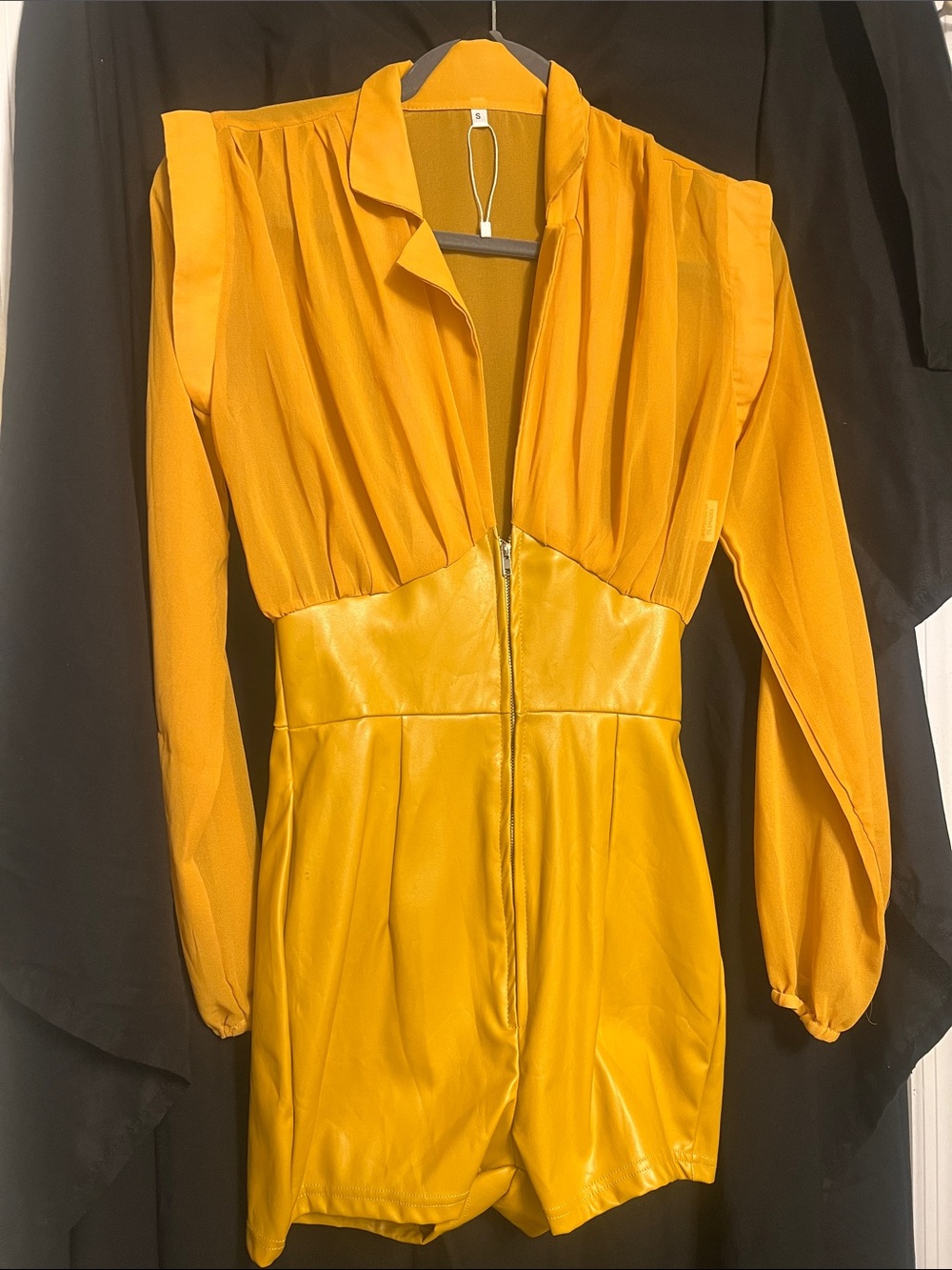 Women's Mustard Yellow Long-Sleeve Faux-Leather Romper Dress